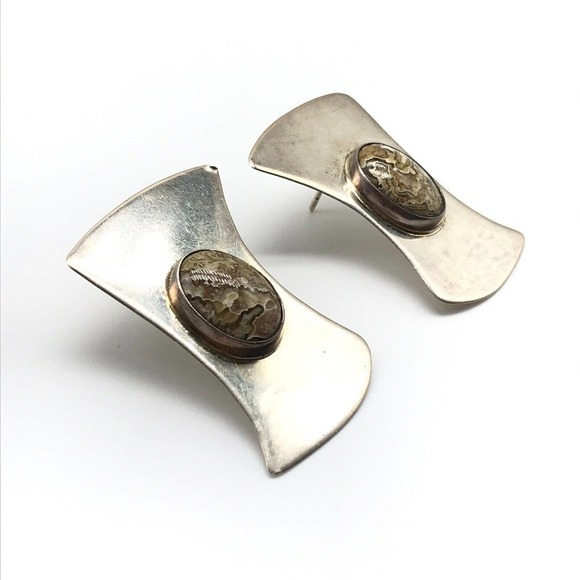 Vintage Sterling Silver Large Chunky Modernist Brown Jasper Statement Earrings - Picture 2 of 4